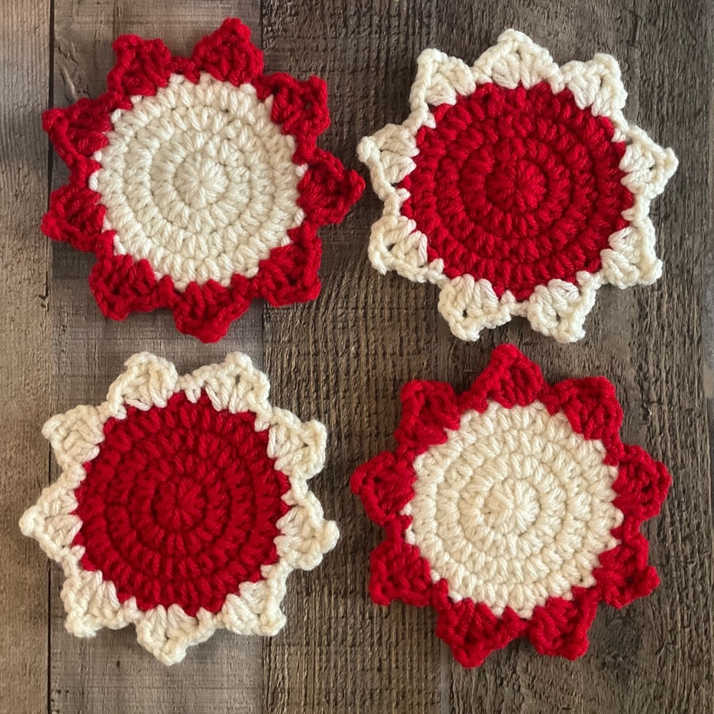 Sunflower Handmade Crochet Coasters Red & Cream 4 Pack